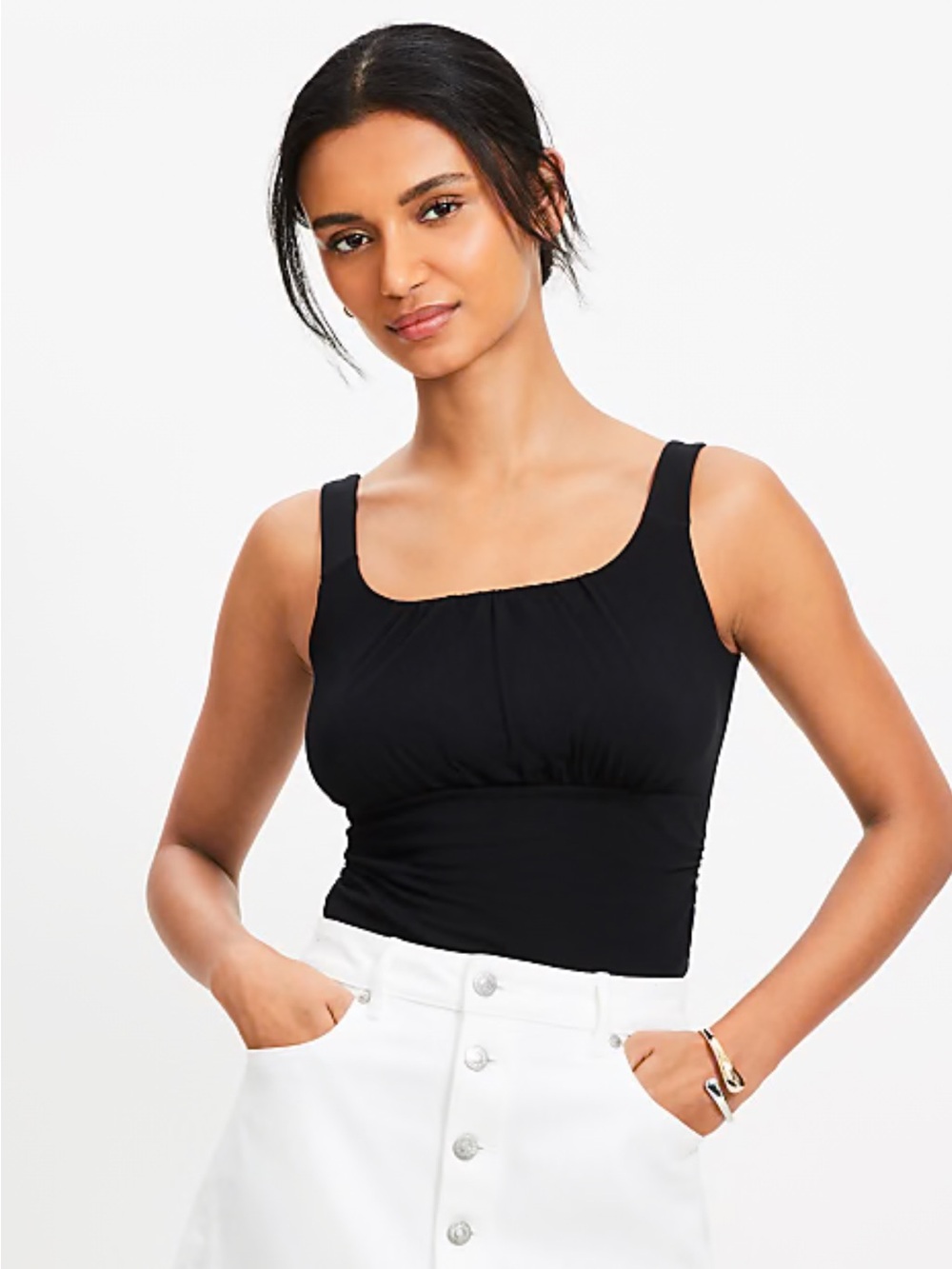Loft Ruched Empire Waist Tank Top In Black Size Large NWOT Retail $45